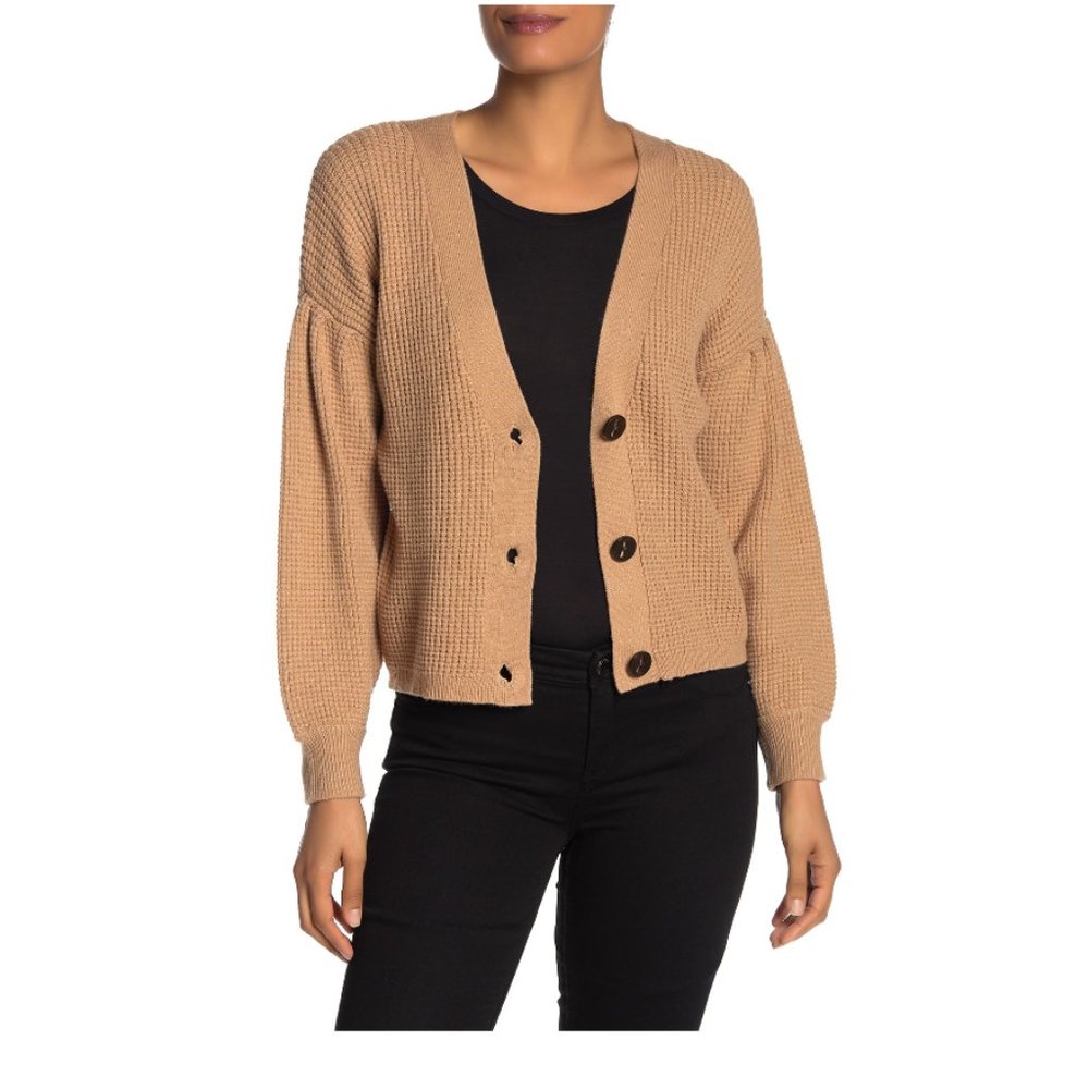 ADY P Waffle Knit Puff Cardigan Sweater Brown. Size XL. Classy